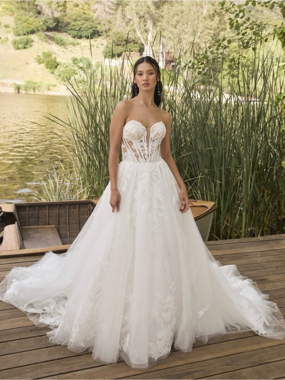 Strapless White A Line Wedding Gown with Sheer Lace Bodice